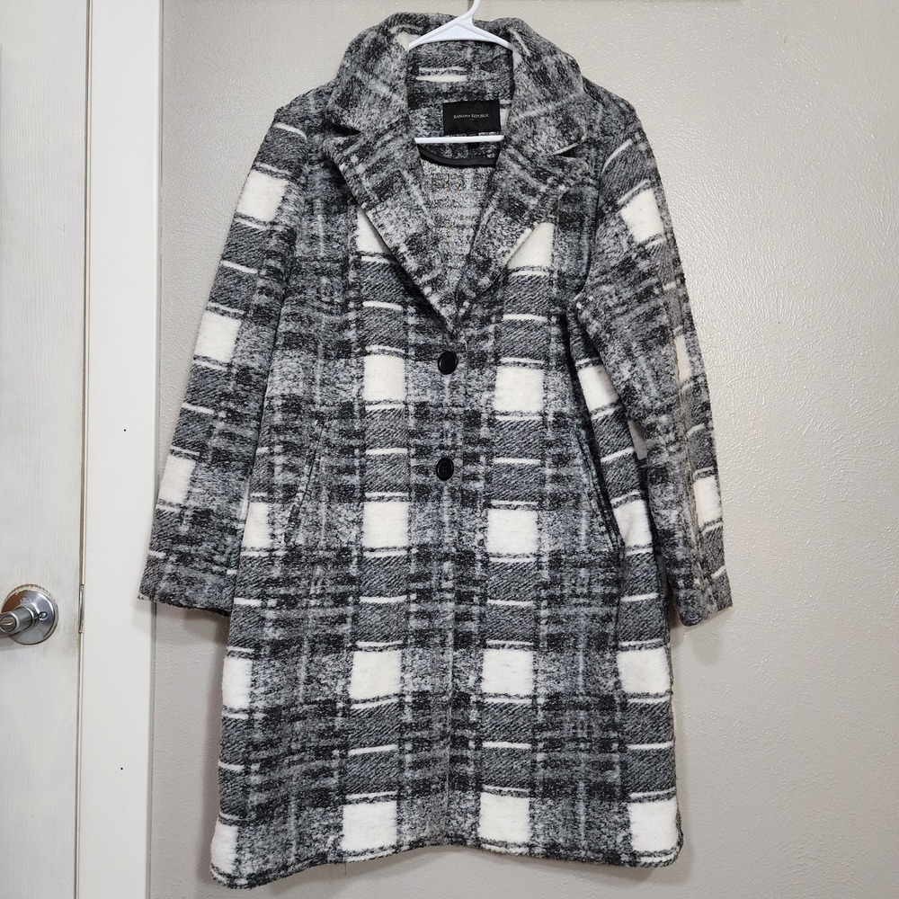 Banana Republic Women Coat Size Large Plaid Black White Long Button Up Peacoat L